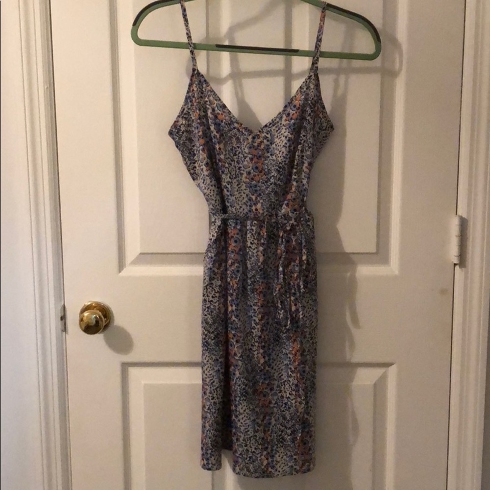 Orange, blue, navy and white patterned mini dress
